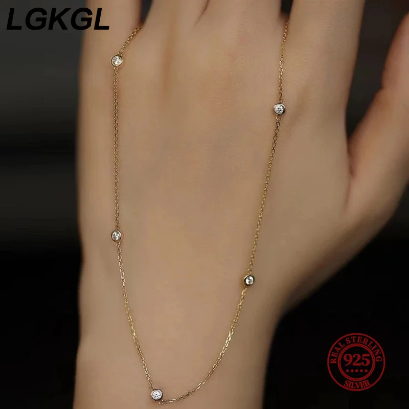 

LGKGL 100% Sterling Silver 925 Necklace for Women 5A Zircon Bead 18K Gold Color Korea Clavicle Chain Necklace Trendy JEWELRY