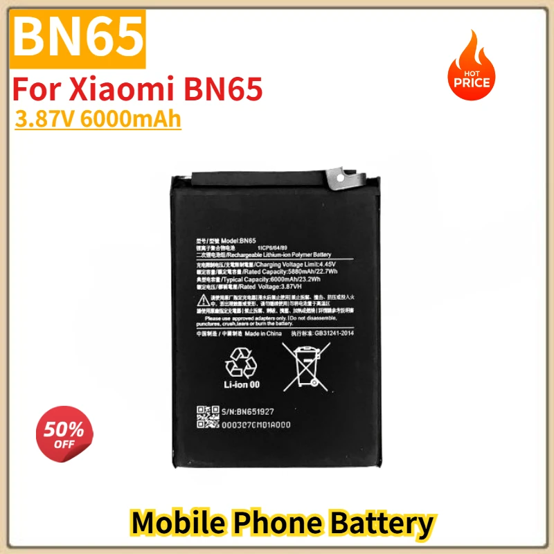 

BN65 High Quality Phone Battery 3.87V 6000mAh For Xiaomi Brand New Replacement Battery