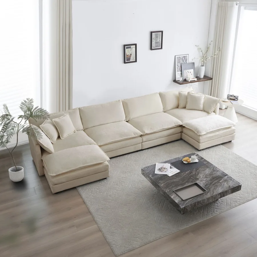 Komfort-Sofa in U-Form mit umkehrbarer Chaiselongue, modulares großes U-förmiges Sofagarnitur, Doppelsofa, extra Ottomane, Beige, Chenille