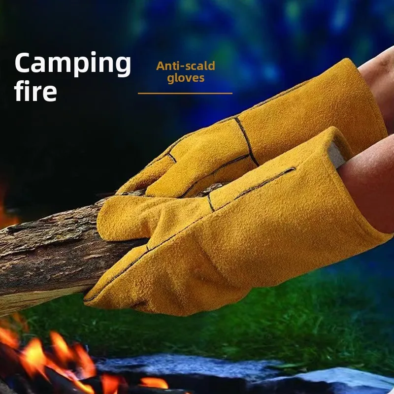 

cowhide Leather Flame retardant gloves,Welding Gloves Heat Insulation Anti-cut Woodstove Fireplace Barbecue Baking Camping