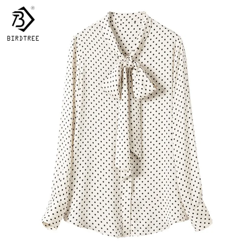 

Birdtree,23MM 93% Mulberry Silk 7% Spandex Dot Blouse,Women's Ribbon Single Breasted Tops,Full Sleeve Shirt,2025 New T5D623JF