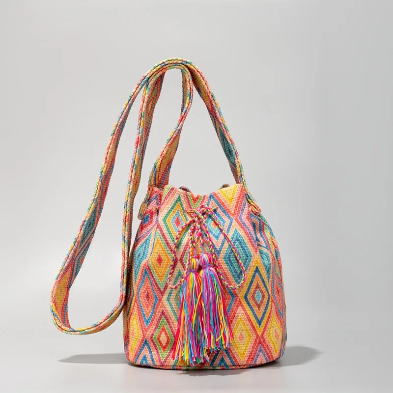 

Новая модная сумка-ведро через плечо в богемном этническом стиле, холщовая сумка с женским принтом, новая холщовая сумка для пригородных поездок