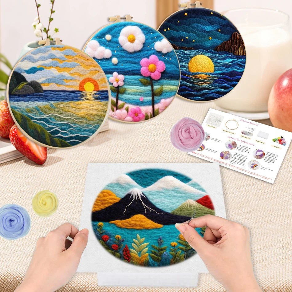 

RUOPOTY Wool Felt Painting Kit Sea scenery Embroidery Frame Needles For Fleece And Felt Diy Craft Supplies Set For Handicraft