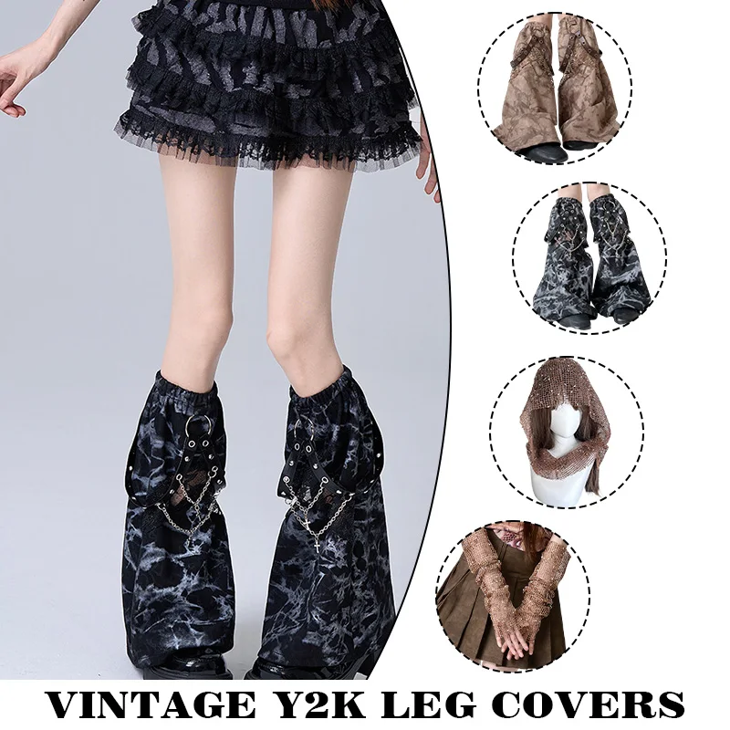 Bild 6: Vintage gealterte Denim-Beinwärmer mit schwerer Kettenverzierung für Mädchen, Gothic Punk elastische Beinwärmer, Neu