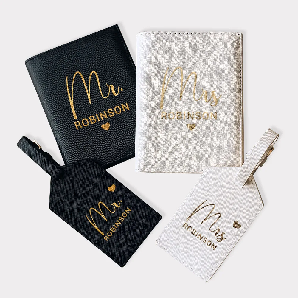 Custom Wedding Gift Personalized Mr&Mrs Passport Holder Luggage Tag Set Travel Leather Cover Monogram Wallet Case Christmas Gift