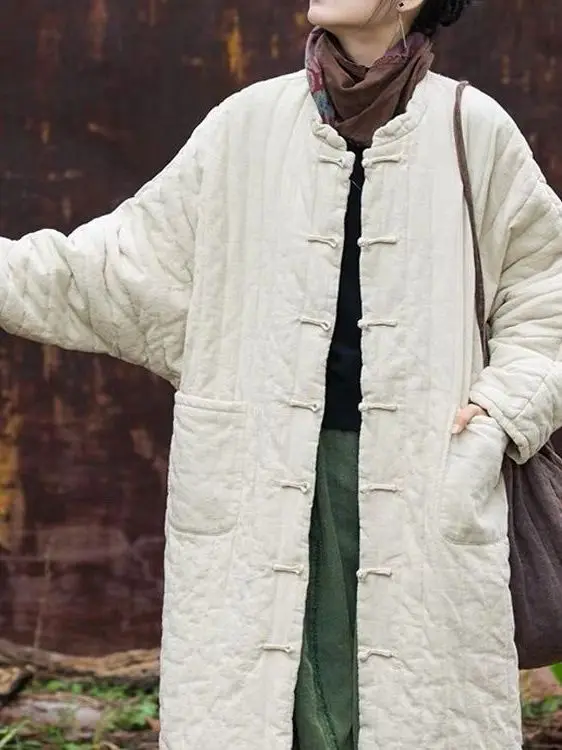 

Новая женская длинная хлопковая куртка в китайском стиле, утепленное хлопковое пальто, ретро-дизайн с пуговицами и карманами, верхняя одежда из хлопка