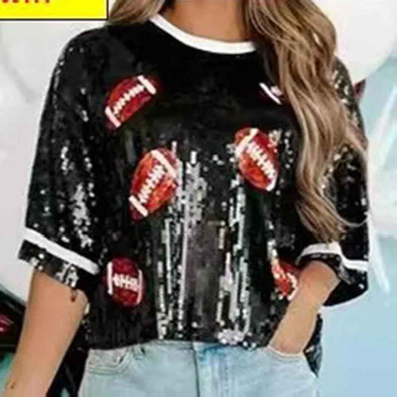 Summer Short Sleeve Loose Geometry Letter Design Women's Wear Sequins Streetwear Night Club Hip Hop Straight T-Shirt