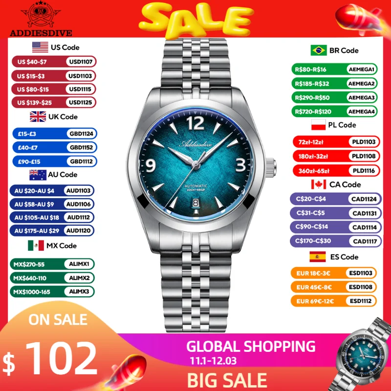 ADDIESDIVE Japan 8215 Men Automatic Watch New Sapphire Glass Gradient 39mm Top Brand Mechanical Watch 200m Waterproof Luminous