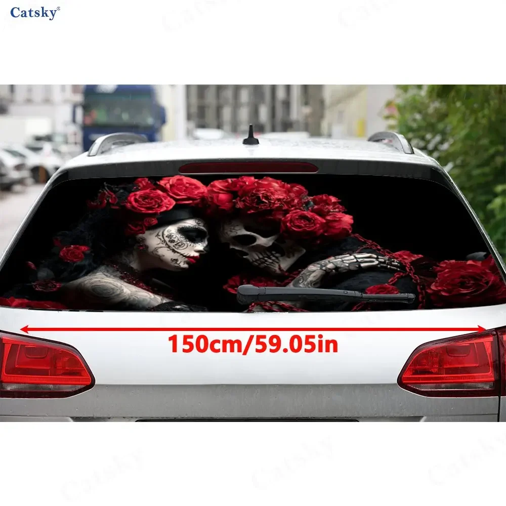 Death Lovers Skull PVC Perforated Car Vinyl Wraps, Durable Car Windshield Sticker, Waterproof Car Window Decal