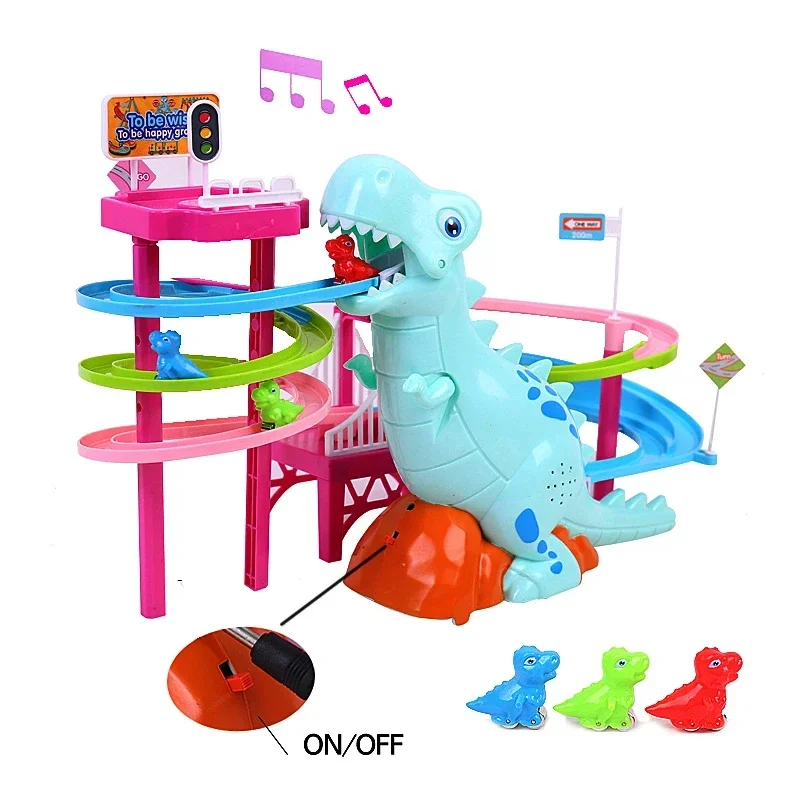 Desenhos animados dinossauro paraíso escalada caminhão brinquedos, escadas, trilho elétrico, corrediça do carro, escadas automáticas faixas, música brinquedo para crianças, novo