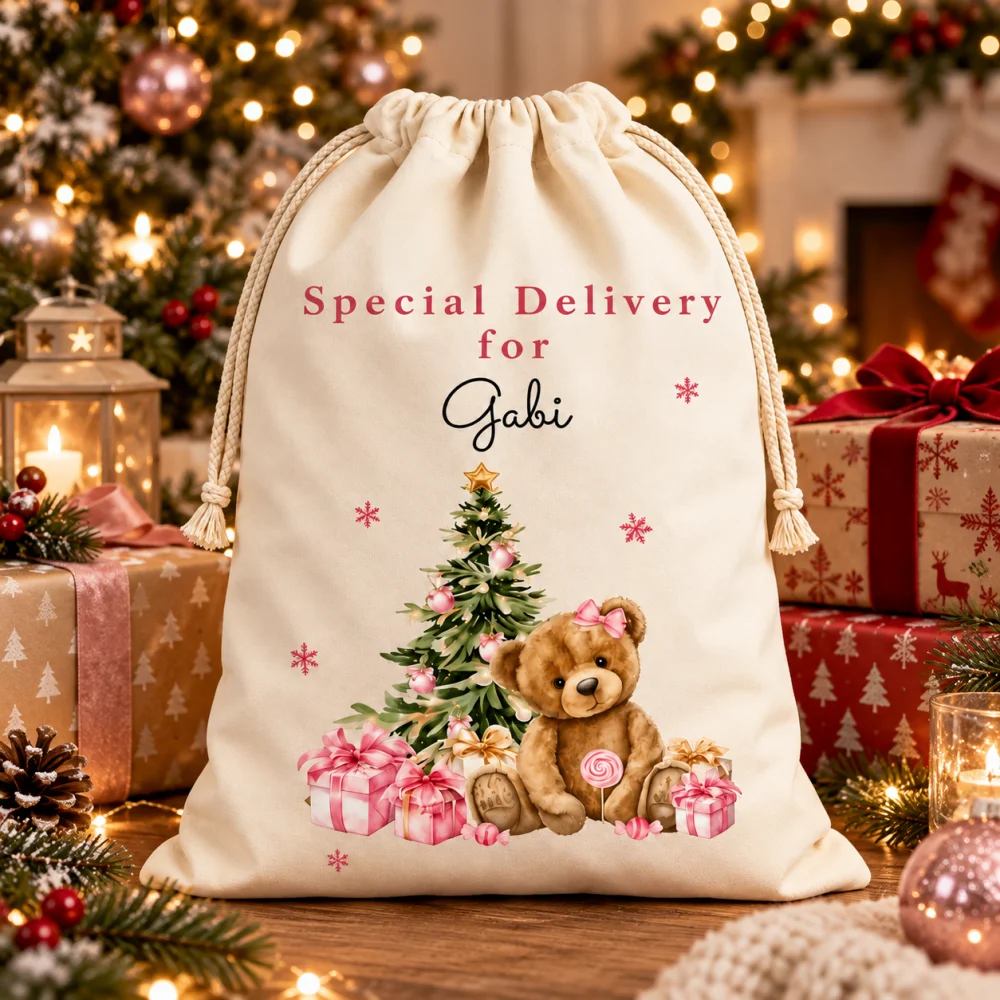 1Pc Custom Name/Text Christmas Imitation Hemp Drawstring Bag, Teddy Bear Xmas Tree Pattern Gift Storage Pouch,Party Candy Bags