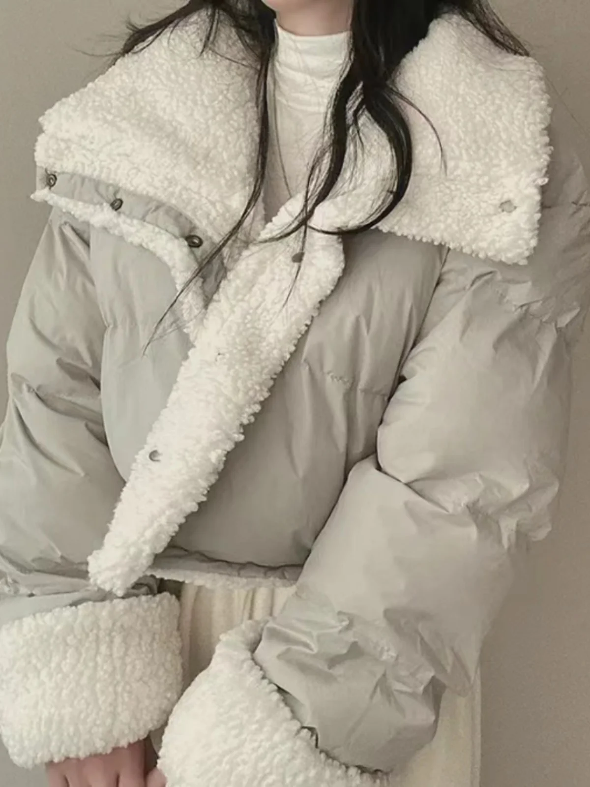 

Женская корейская куртка-бомбер с отложным воротником из овечьего меха, хлопковое пальто свободного кроя, двустороннее, с длинными рукавами, верхняя одежда
