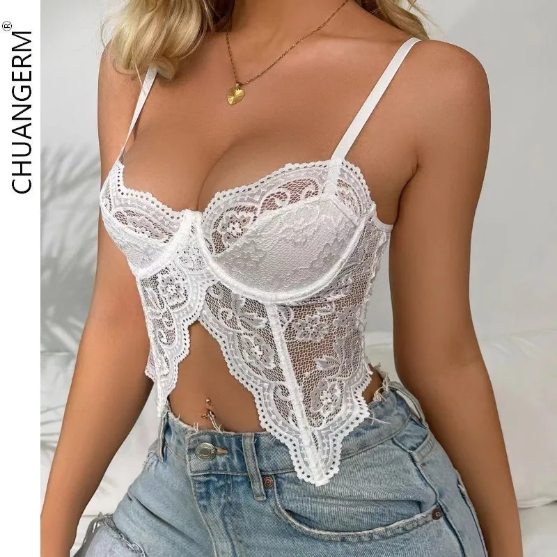 

CHUANGERM Sexy Low Cut Tank Crop Top See-through Summer Bralette Y2k Butterfly Lace Camisole Spaghetti Straps Front Slit Slim