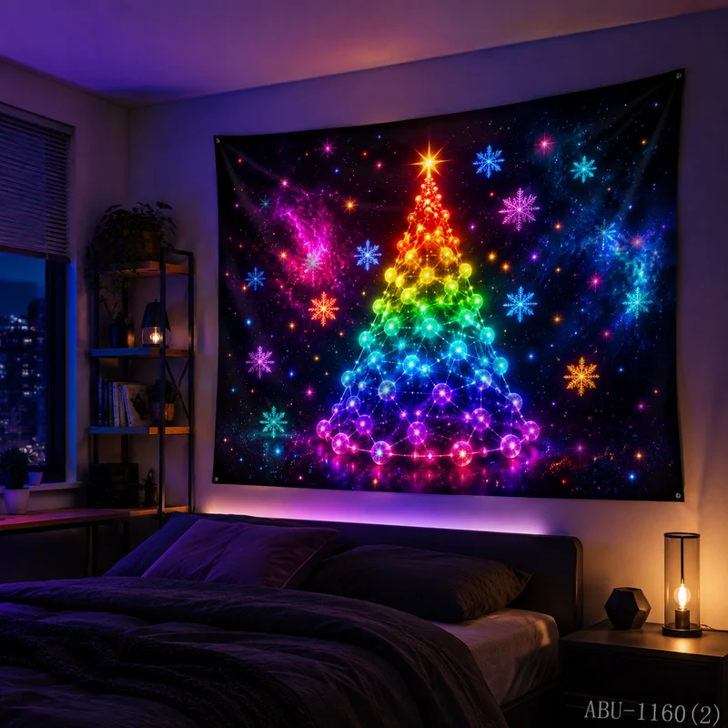 VIKAMA Neon Rainbow Light Bulb Tree Starry Snowflake Galaxy Art Christmas Tapestry Bedroom Living Room Dorm Home Decor Lovely