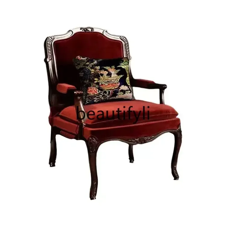 American country solid wood single sofa chair French retro living room casual armrest chair7446
