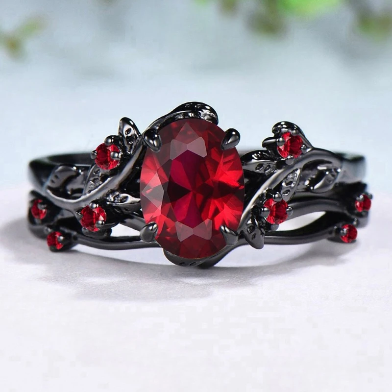 LATS 2pcs Assortment Vintage Red Crystal Rings Gun Black Rose Branch Cross Pair Ring Punk Zircon Fashion Jewelry Gift