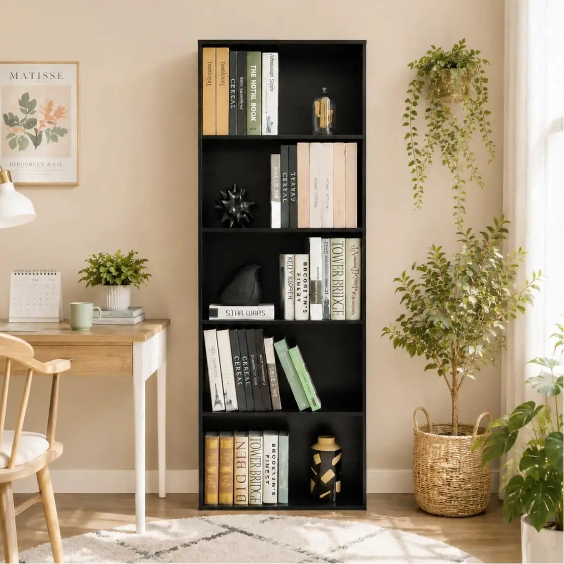 

5-Tier Open Bookshelf Farmhouse Display Storage Shelf Wooden Bookcase Living Room Home Office Bedroom Black, Customized