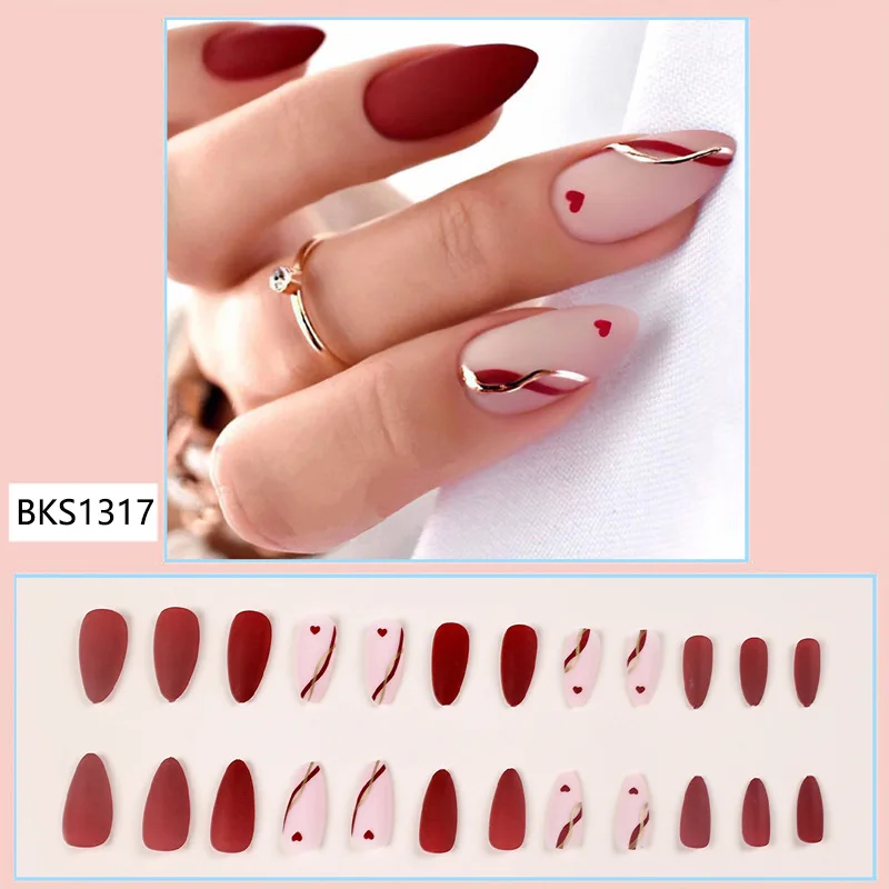 24pcs Matte Almond Self-adhesive Press on Nails Red Heart Decorated False Nail Medium Short Valentines Reusable Adhesive Nails