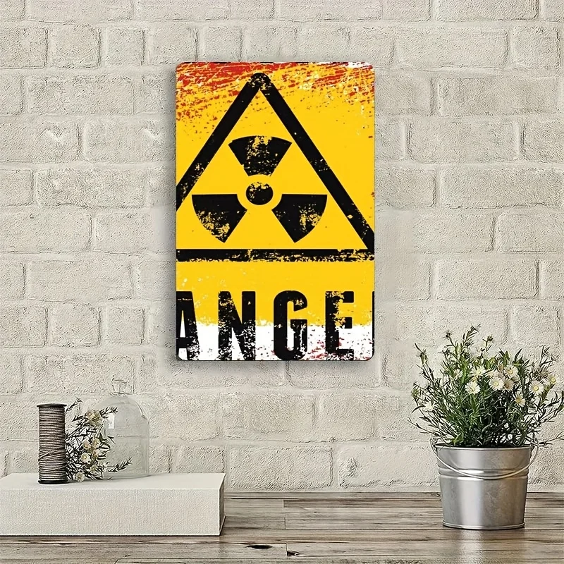 -Style Iron Wall Art Plaque -  Retro Metal Tin Sign with Radiation Warning Design, Yellow & Black, for Home, Bar, Cafe, or Garag