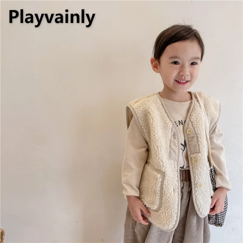 

2025 New Autumn Winter Children Clothes Korea Style Beige Grey Coffee Fleece Warm Waistcoat Boys Girls Thickened Vest A21802