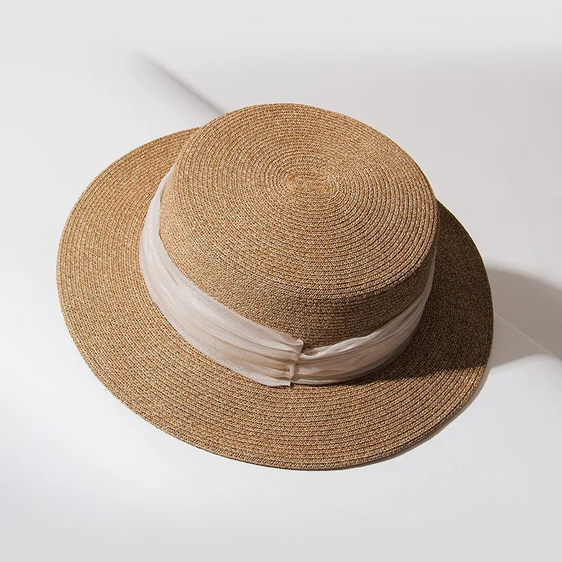 Handwoven straw hat ladies summer sunshade beach hat British vintage flat top panama hat sun hats for women raffia hat