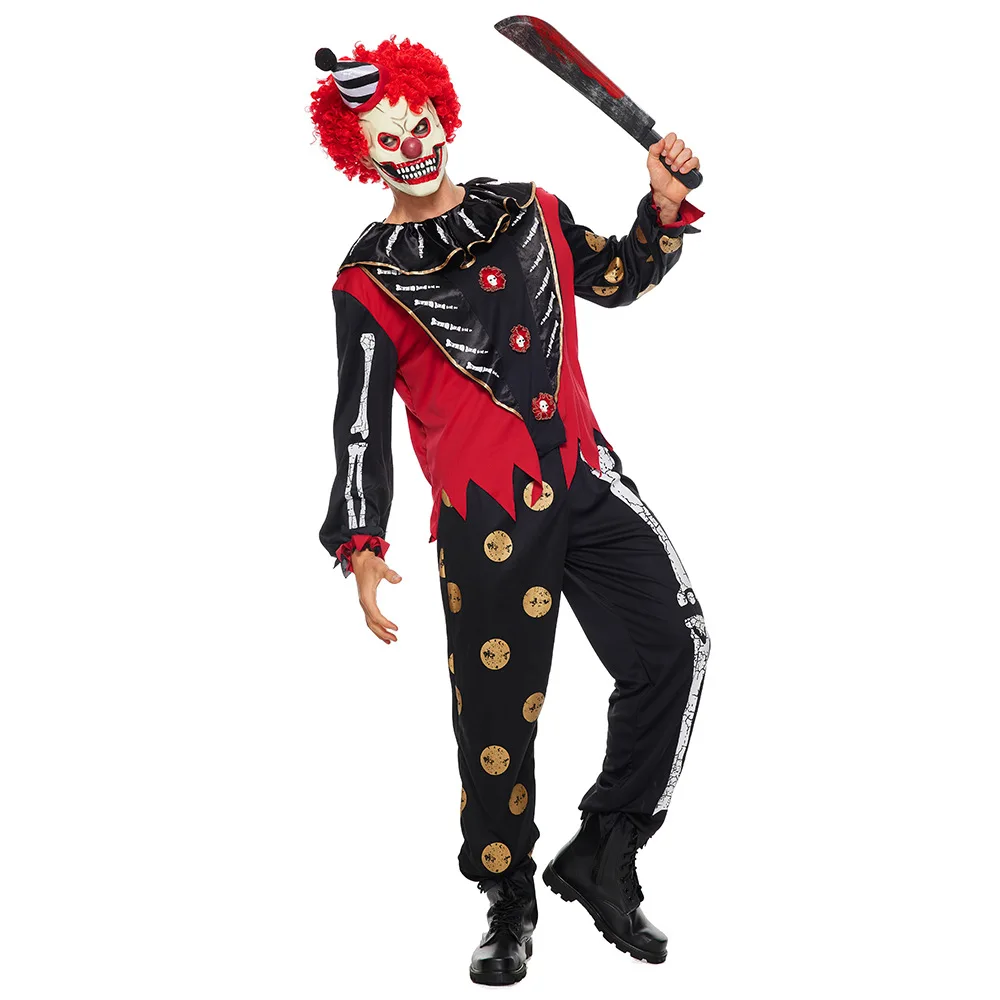 Homem halloween assustador esqueleto circo palhaço traje droll coringa cosplay carnaval purim palco mostrar discoteca role play vestido de festa