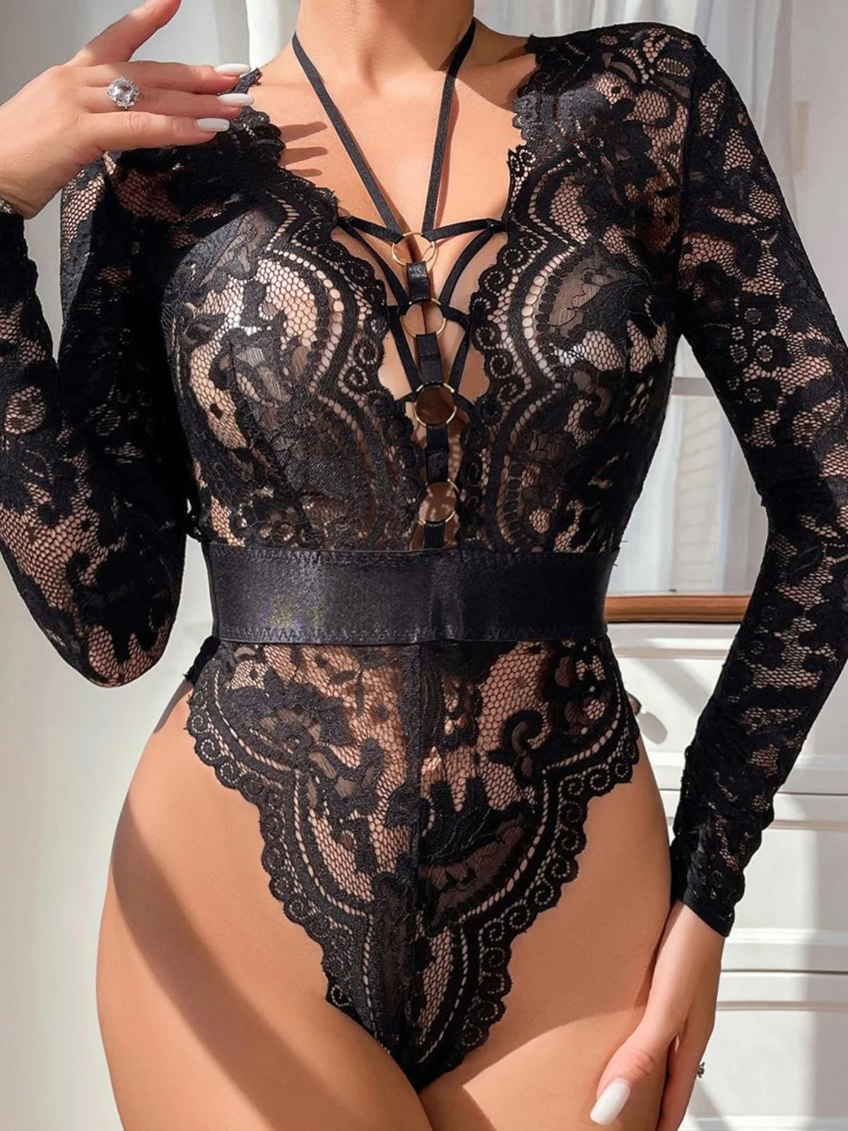 

New Women's Bla Sexy Me Transparent Bal Hollow out Pure Desire e G-string One-piece Suit Street Sle Long Sl...