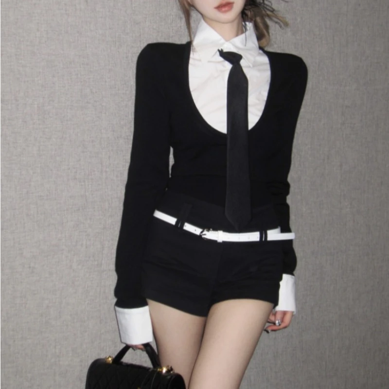 2024 Spring New Streetwear Polo Collar Contrast Color Patchwork Long-sleeved Shirt Women + Sexy Slim Shorts Two-piece Suit