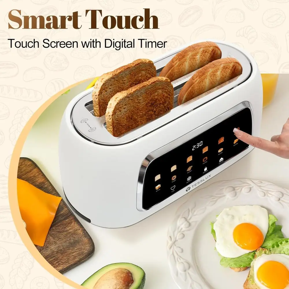 4 Slice Toaster with Touch Control, 1.5 Wide Slots, 6 Levels & 6 Bread Types, Digital Timer, Memory, Reheat (WHITE)
