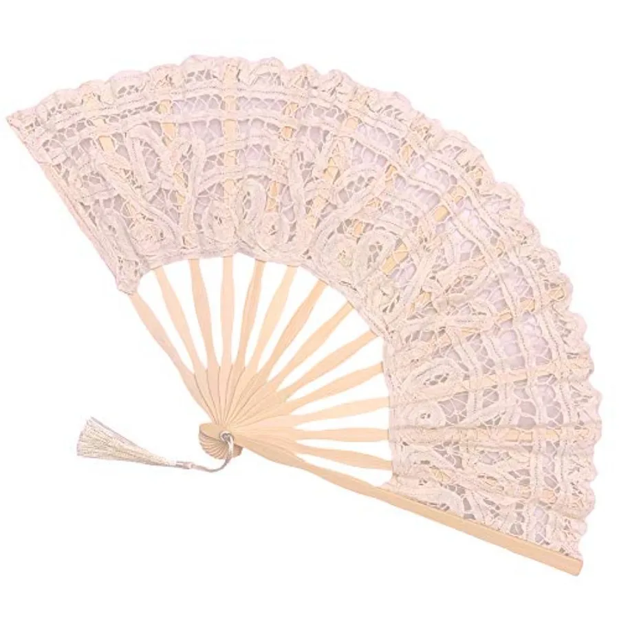 

Folding Hand Fan, Womens Lace Fan Elegant Cotton Fans Handmade Vintage Retro Fans with Bamboo Staves and Silk Tassels for Weddi