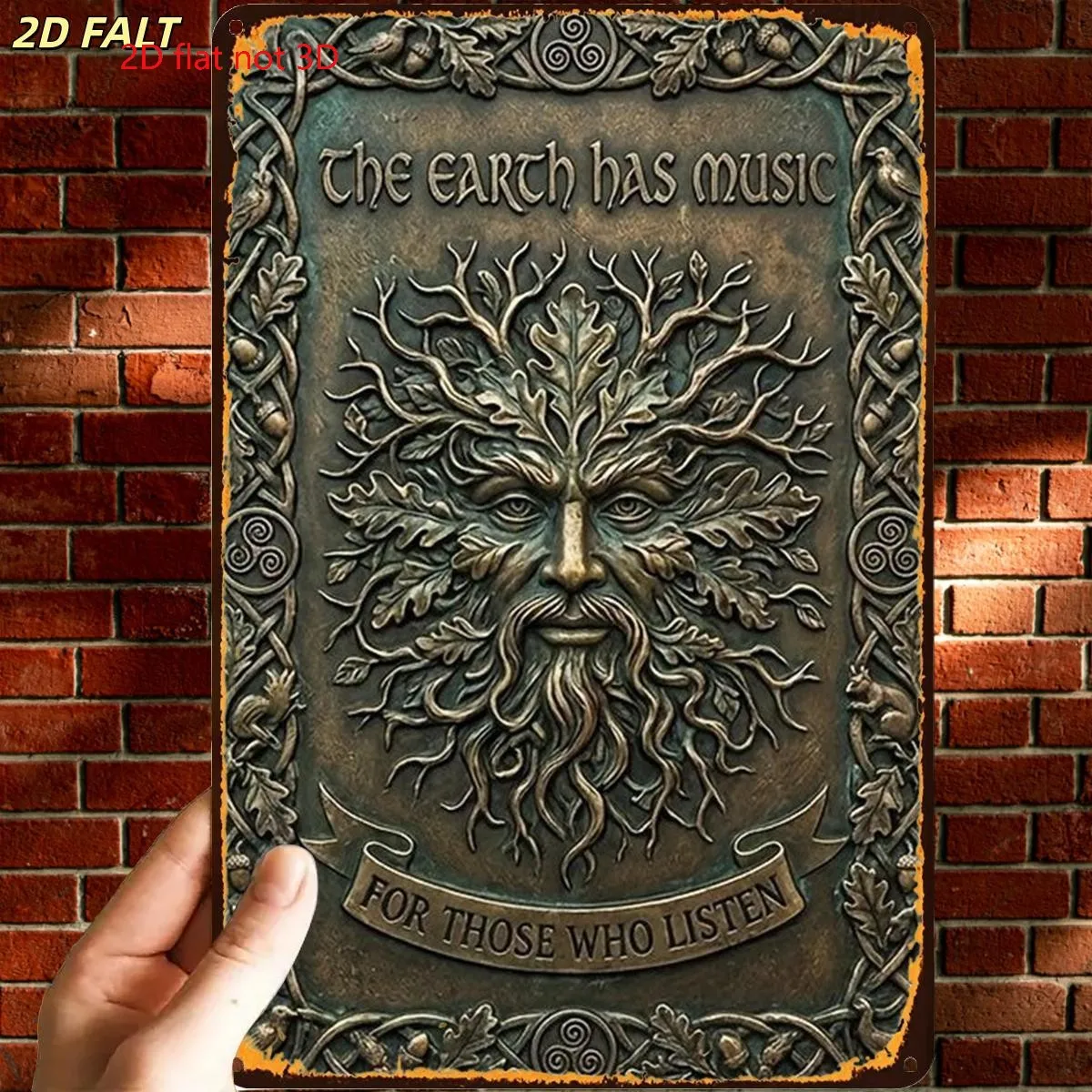 2D Flat - 【2D Flat】 1pc Vintage Green Man Celtic Nature Metal Wall Art Iron Sign, 'The Earth Has Music for Those Who Listen' 8X1