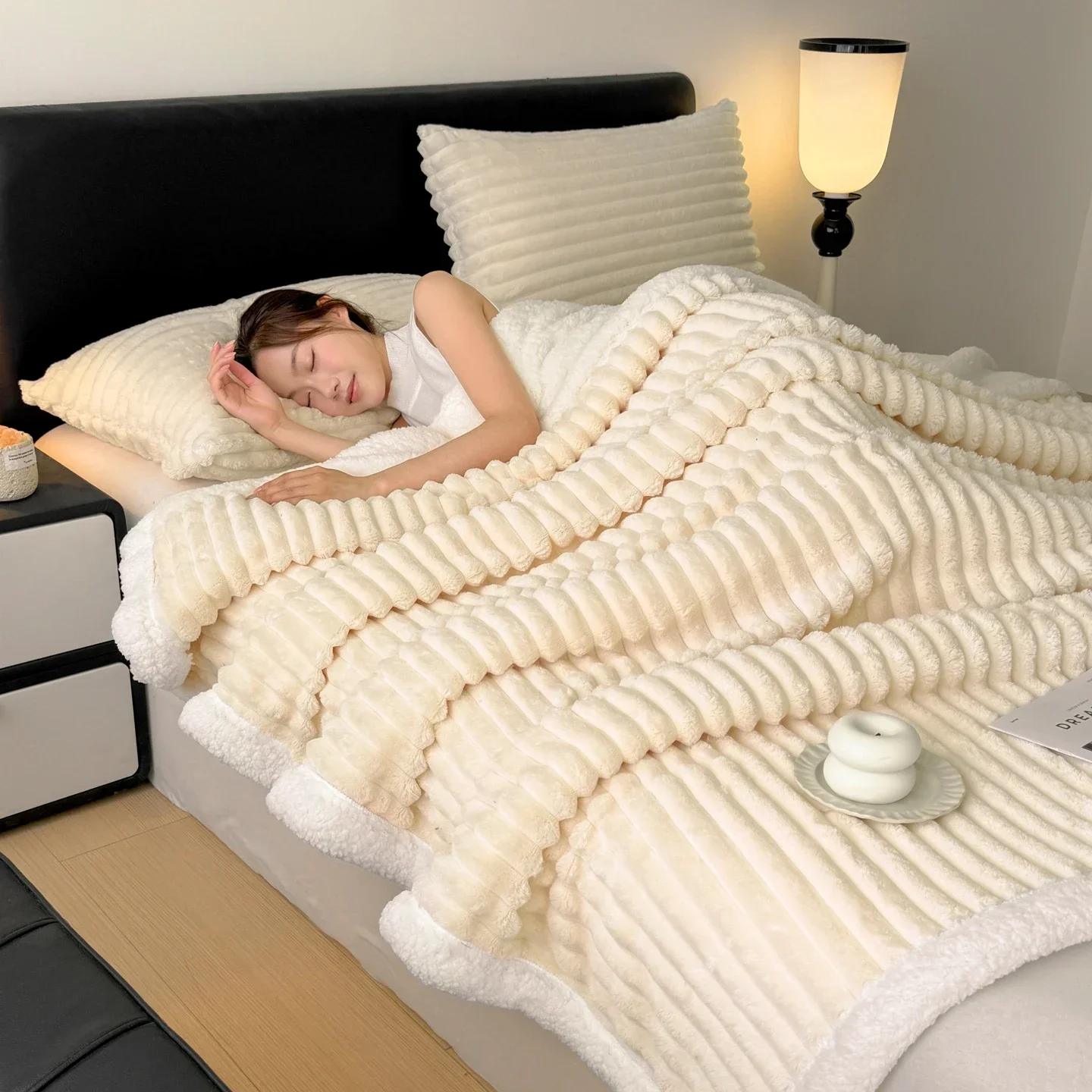 yesCozy Fluffy Coral Fleece Blanket Thick Warm Striped Winter Duvets Soft Plush Sofa Throw Blanket Queen Bedroom Bedspread for H