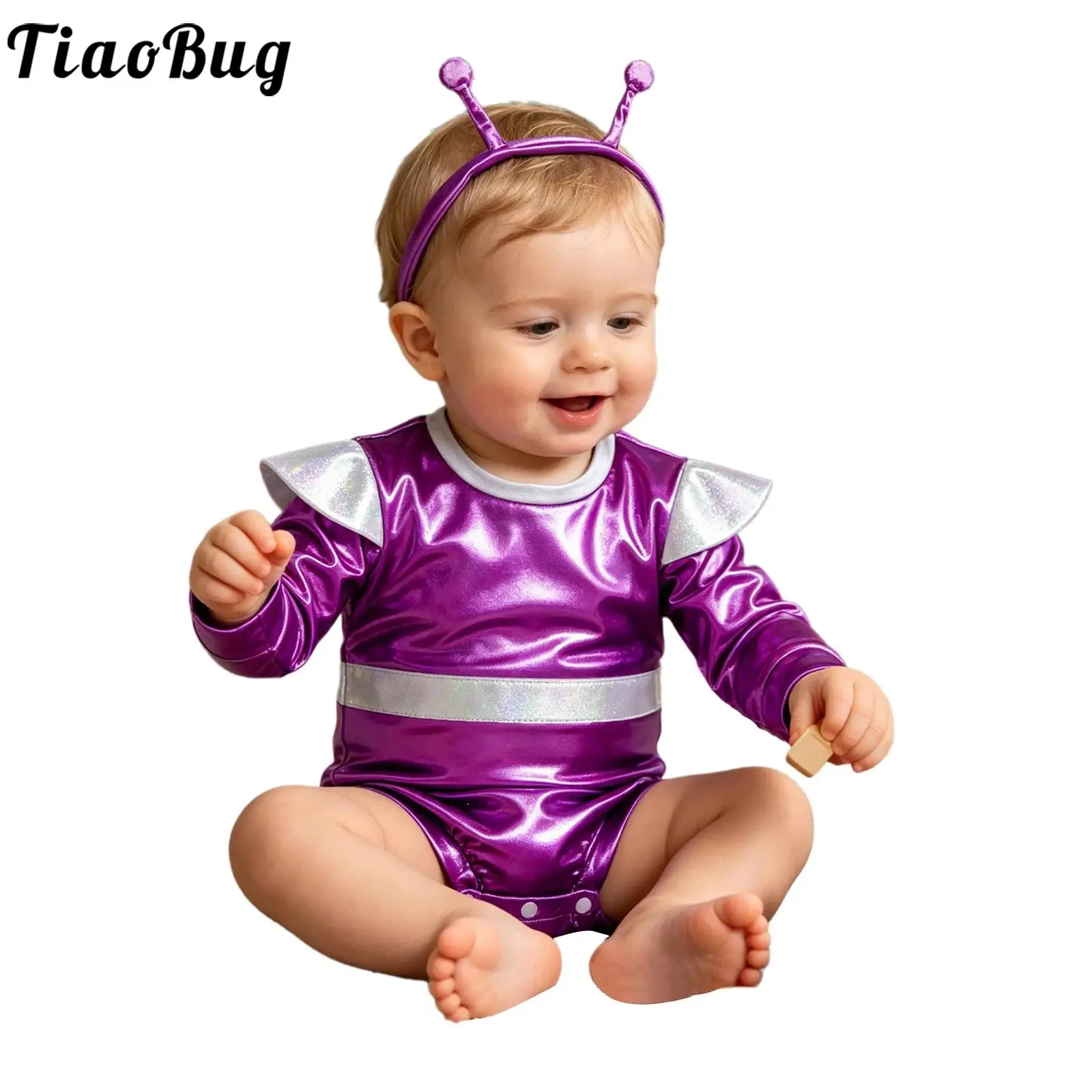 Toddler Baby Alien Costume Metallic Shiny Long Sleeve Rompers with Headband Halloween Outer Space Theme Party Cosplay Outfits