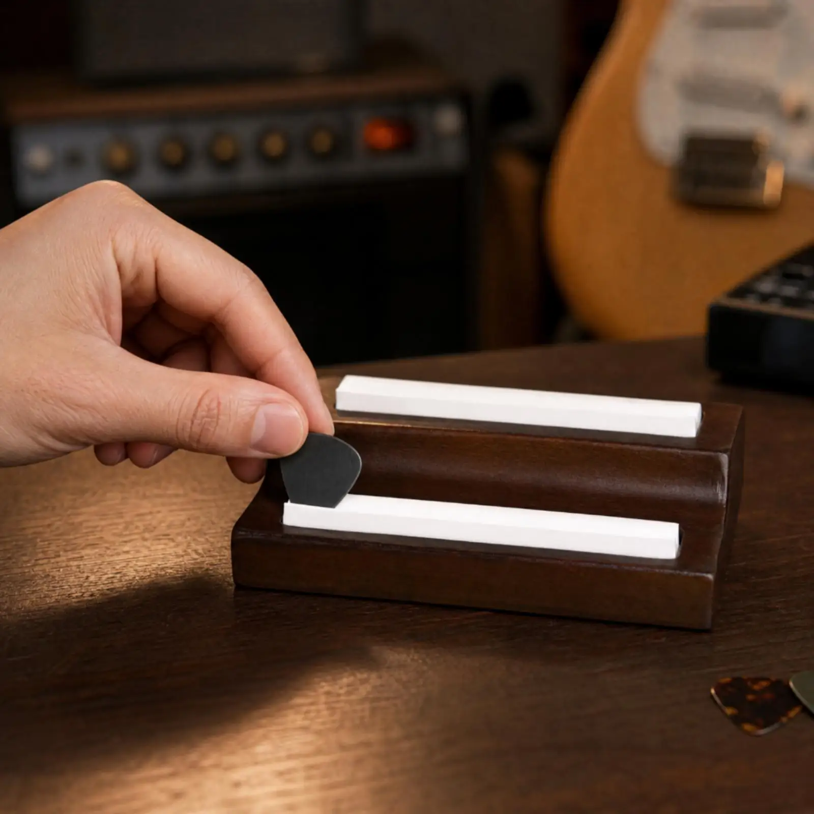 Rectangular Oak Pick Storage Stand for Electric Guitar Picks with Soft Silicone Slots and Rounded Corners