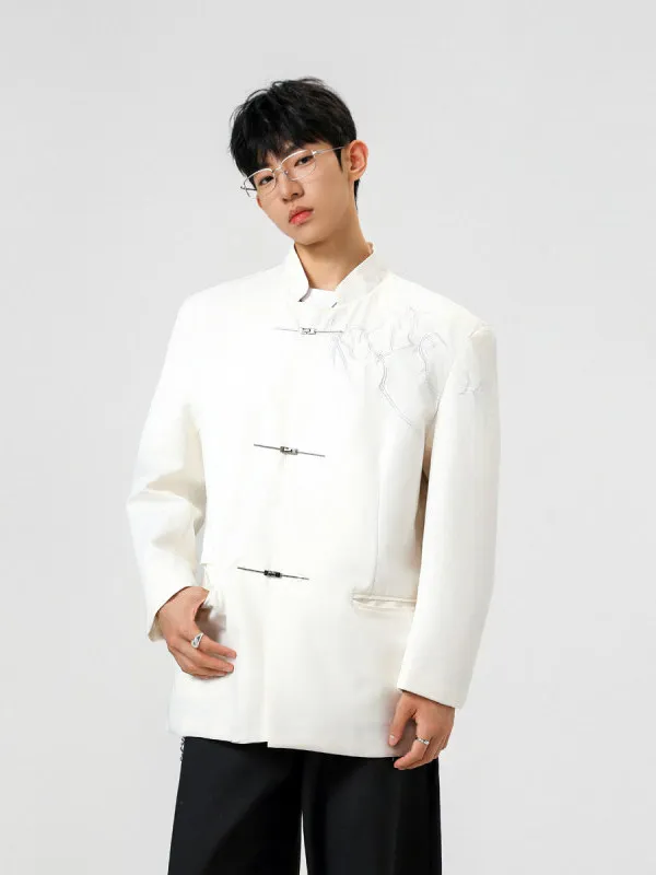 Nuovo colletto alla coreana ricamato Sle cinese Jaet da uomo con bottoni in metallo oulder pad abito casual capispalla primavera autunno alla moda...