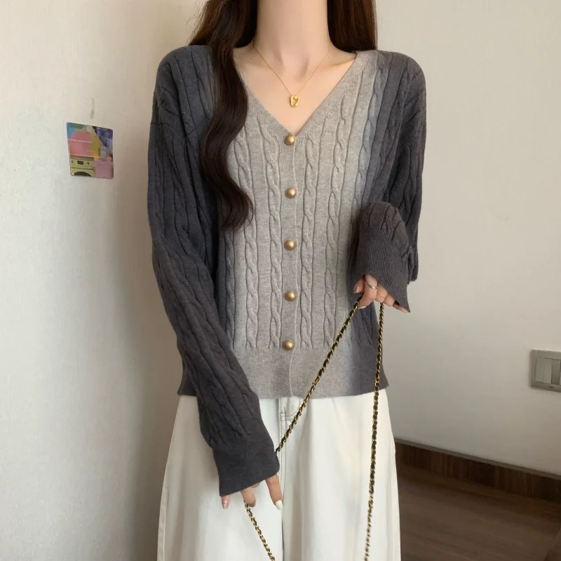 

Осенне-зимний простой однобортный шерстяной свитер градиентного цвета с v-образным вырезом, верхний топ в корейском стиле