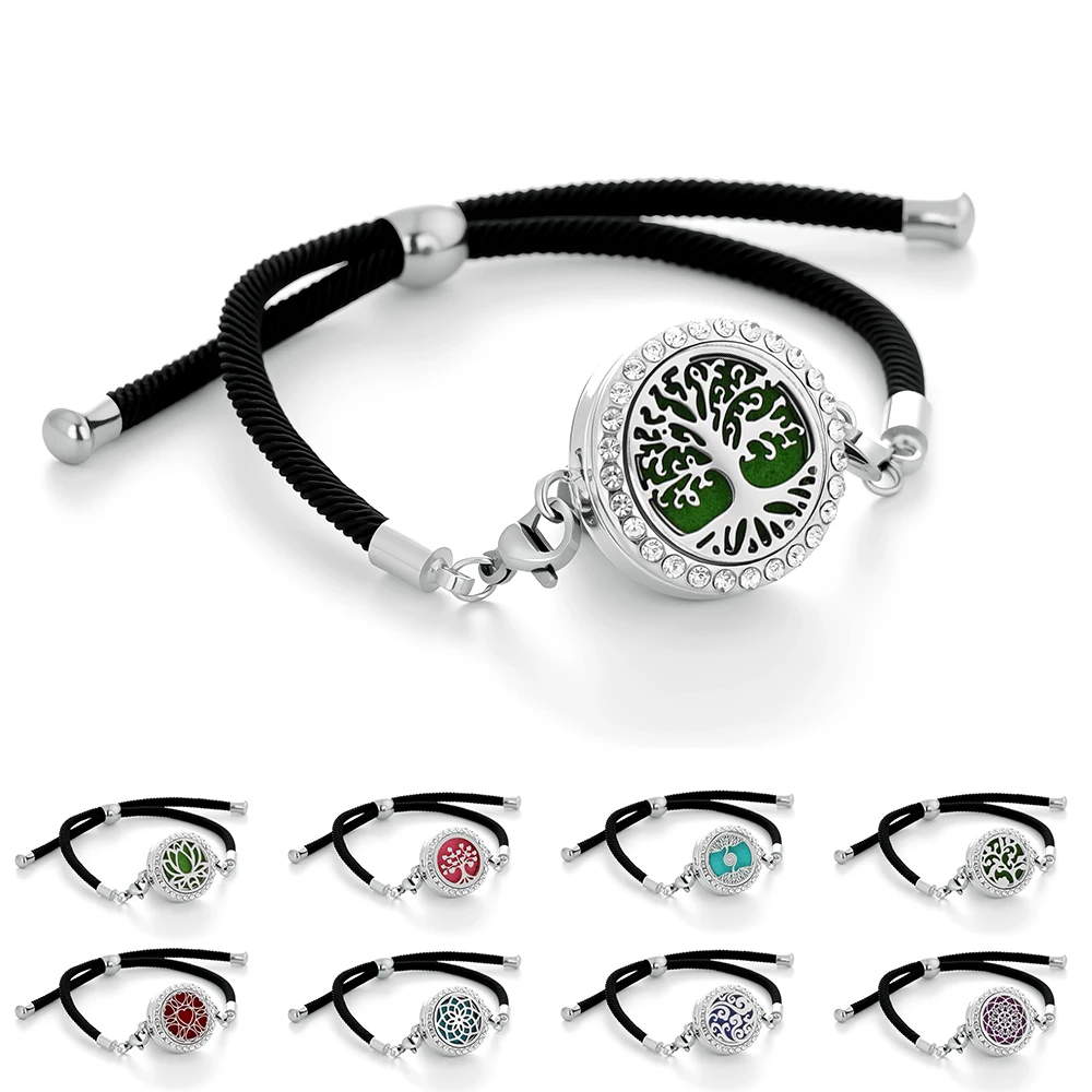 Nueva pulsera de aromaterapia de cuero negro, difusor de aceites esenciales, medallón de Perfume con diamantes de imitación, pulsera para mujer, joyería aromática