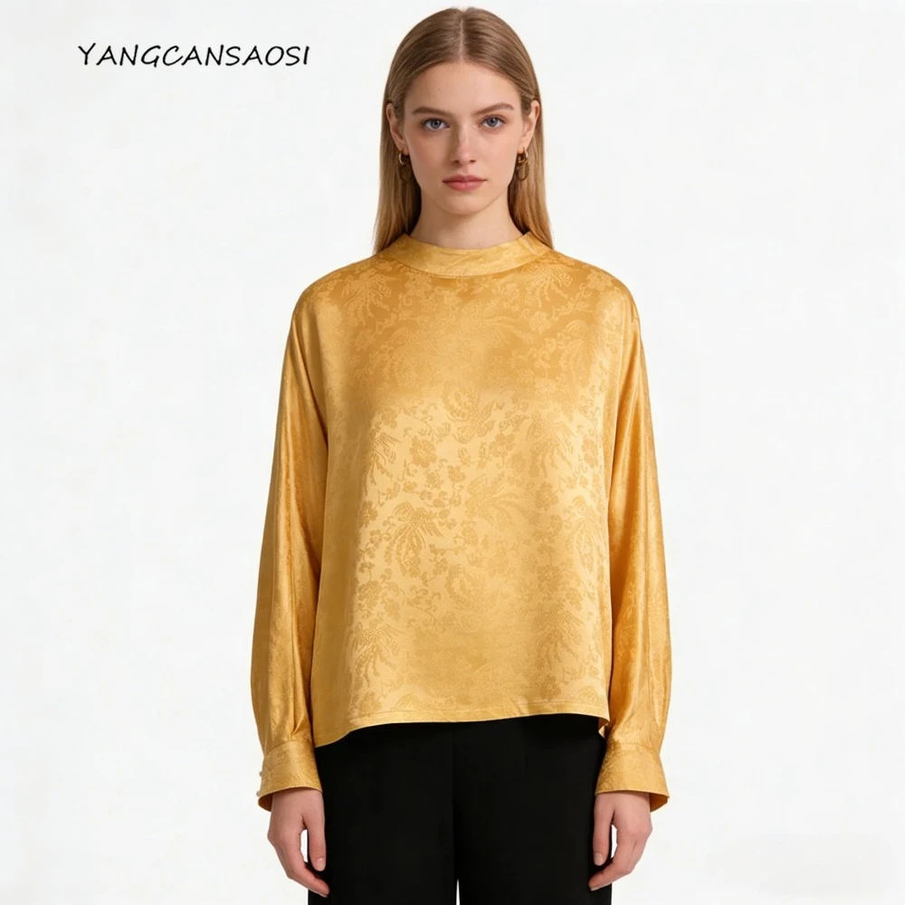 

Женская модная повседневная одежда ранней весны, желтая рубашка из 100% натурального шелка шелковицы, жаккардового атласа с воротником-стойкой и длинными рукавами