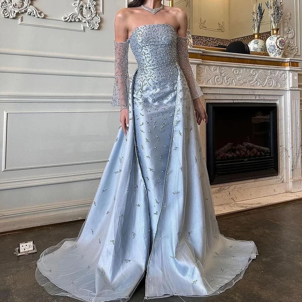 Crystal Panel Train Straight Strapless Off the Shoulder Exquisite Evening Dresses Custom Size Floor Length Satin Long Sleeves