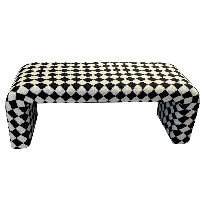 Fashionable Plaid Sofa Stool, Creative Hallway Bench, Lamb Wool Shoe Stool for Bedroom, Stylish Clothing Store Bench