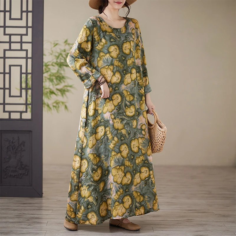 Loose Fit Long Sve Cotton Linen Print Maxi Dr Summer Vaion Dr round Ne plus Size Women's Dr Commute Sle