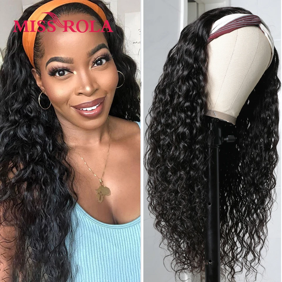 Miss Rola Hair Brazilian Water Wave Headband Human Hair Wigs 100% Human Hair Remy Whole Machine Made Wave Wigs Natural Black