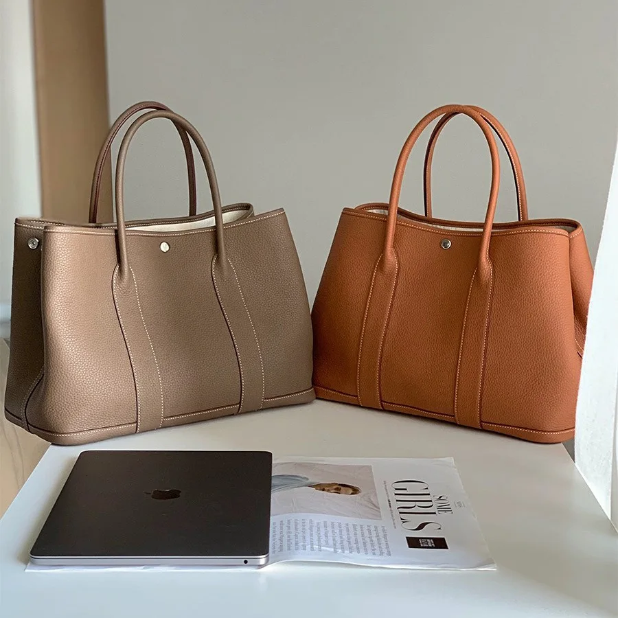 Hand Sewn Garden Party Tote Women's Large Capacity Leather Bag Casual Travel Style Top Layer Cowhide Soft Vertical Square Shape