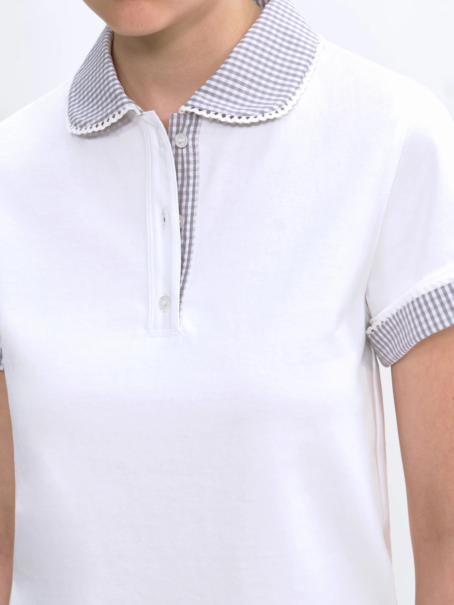 VERMO Pure Cotton Peter Pan Collar Poloshirt Casual Style Short Sleeve Comfortable Fit Women's T-shirt Grid Patchwork Shoulder