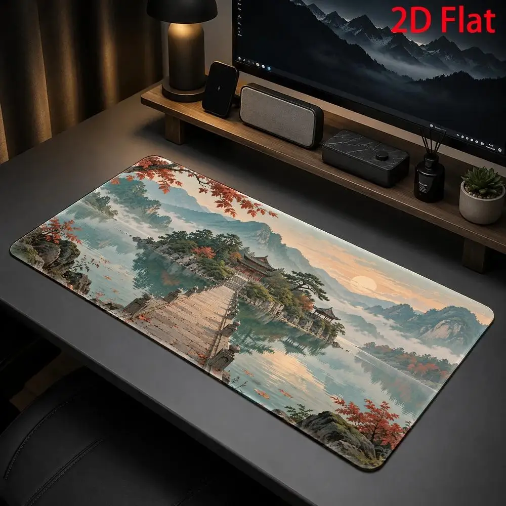 Quiet China Landscape Large Mouse Pad, with traditional pagoda bridge design, minimalist Zen aesthetic, autumn festival