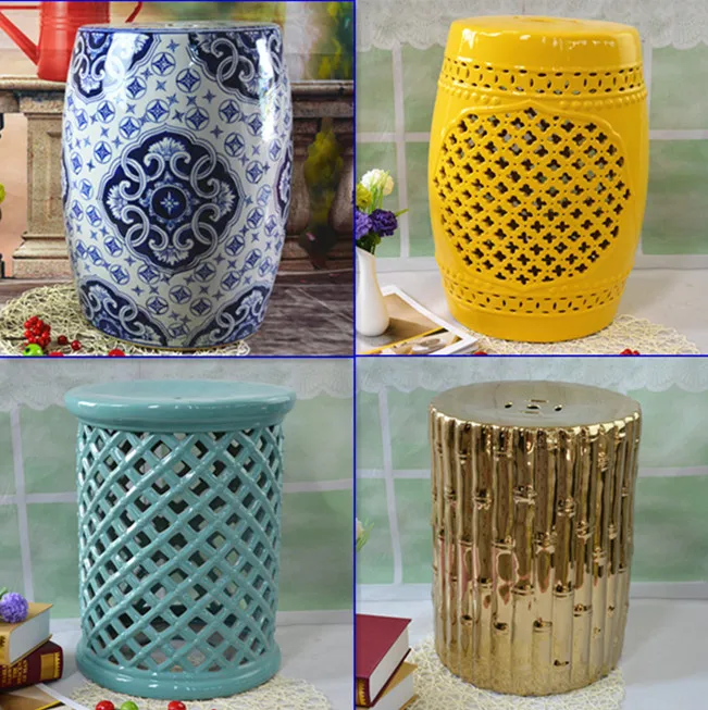 Chinese-style stool, blue and white porcelain striped ceramic drum stool, hollow-out shoe-changing stool, round stool, dressing