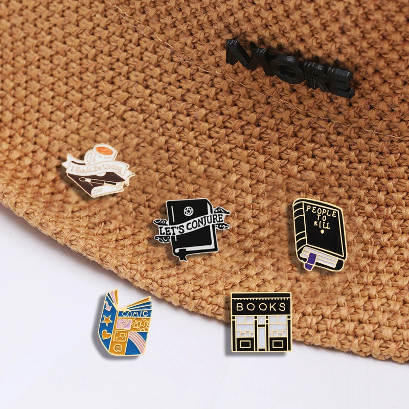 Funny Library Books Pines Backpack Clothes Metal Lapel Pins Badges Jewelry Gifts for Friends Black Punk Magic Book Enamel Brooch