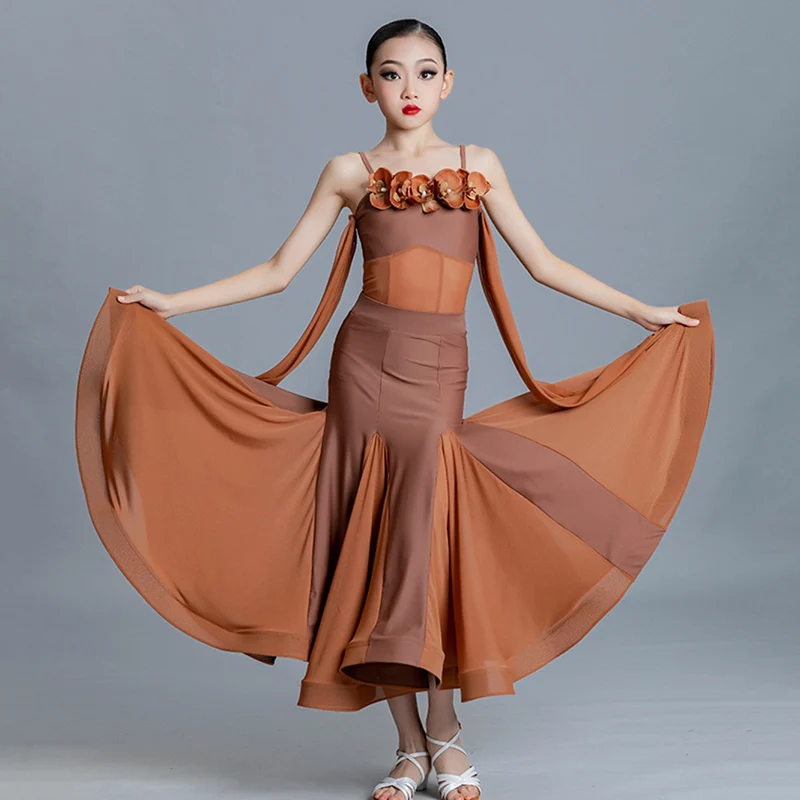 Abito da ballo moderno per ragazze adulte, competizione per bambini, body e gonna grande in rete, costumi di danza valzer standard nazionale