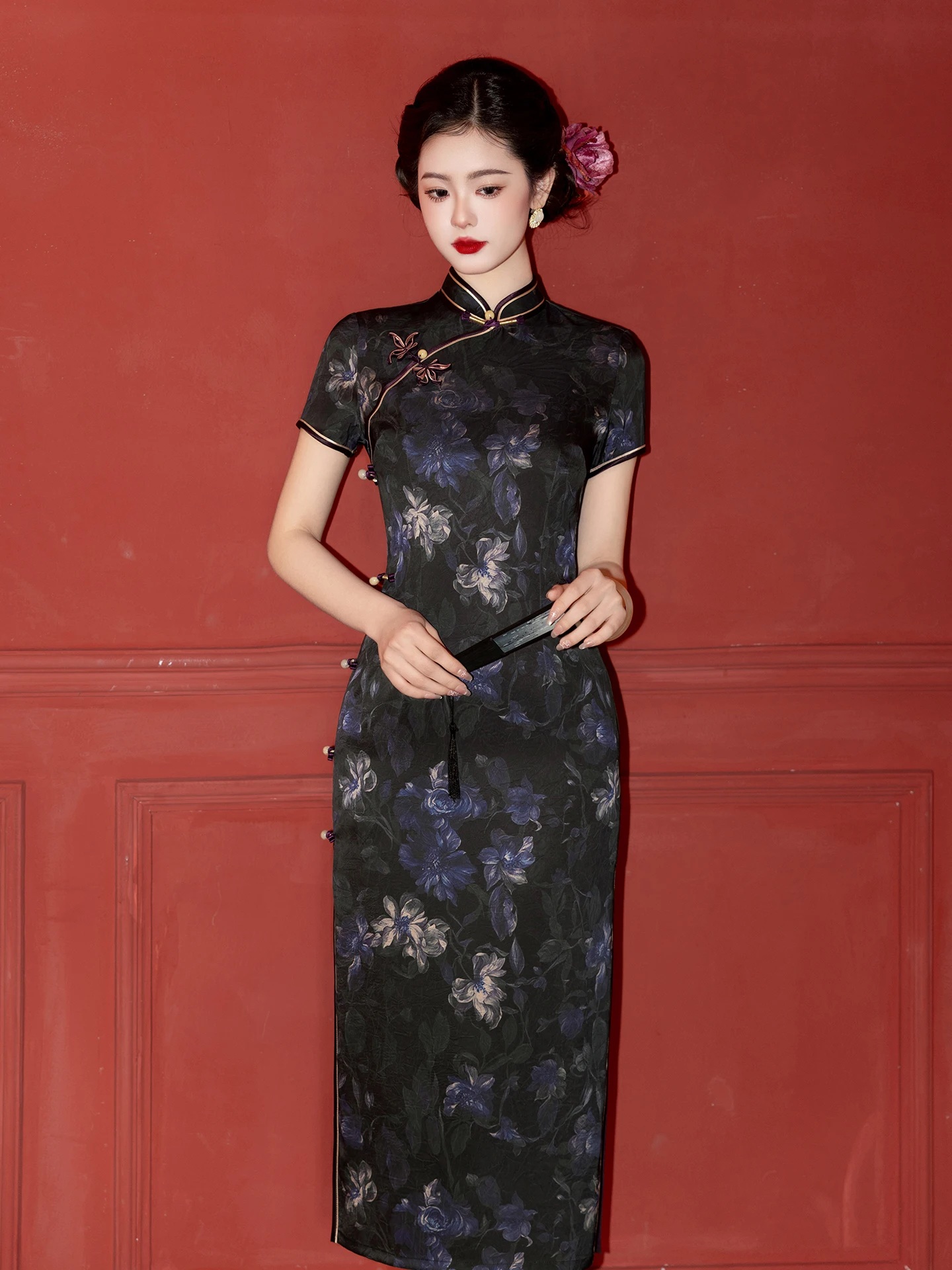 

Bla Vintage anghai Dr Long Slimming ort Sve plus Size Daily Wear Comfortable Nylon Fiber Floral Pattern