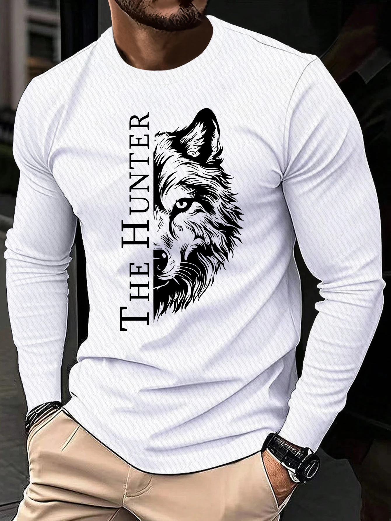 T-shirt à motif de loup pour hommes, respirant, à manches longues, imprimé loup, col rond, streetwear décontracté, adapté au fitness